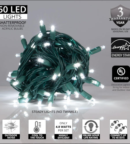 50 5Mm LED Cool White Christmas Lights, 6" Spacing, 25' White LED Christmas Lights Outdoor Tree Lights Holiday Lights Mini Lights Party House Bedroom String Lights