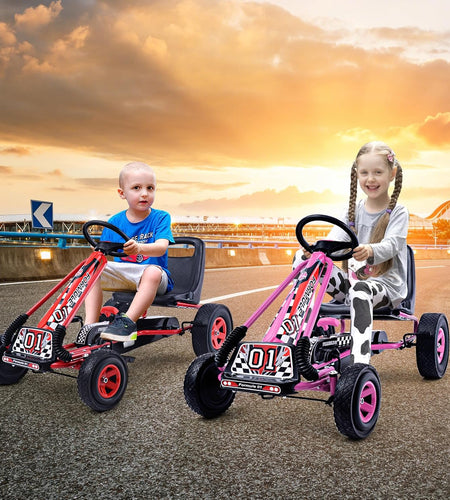 Go Kart for Kids, 4 Wheel Quad Off-Road Pedal on Foot Go Cart W/Steering Wheels & Adjustable Seat, 2 Safety Brakes, EVA Tires, Clutch, Outdoor Racer Ride on Pedal Car (Red)